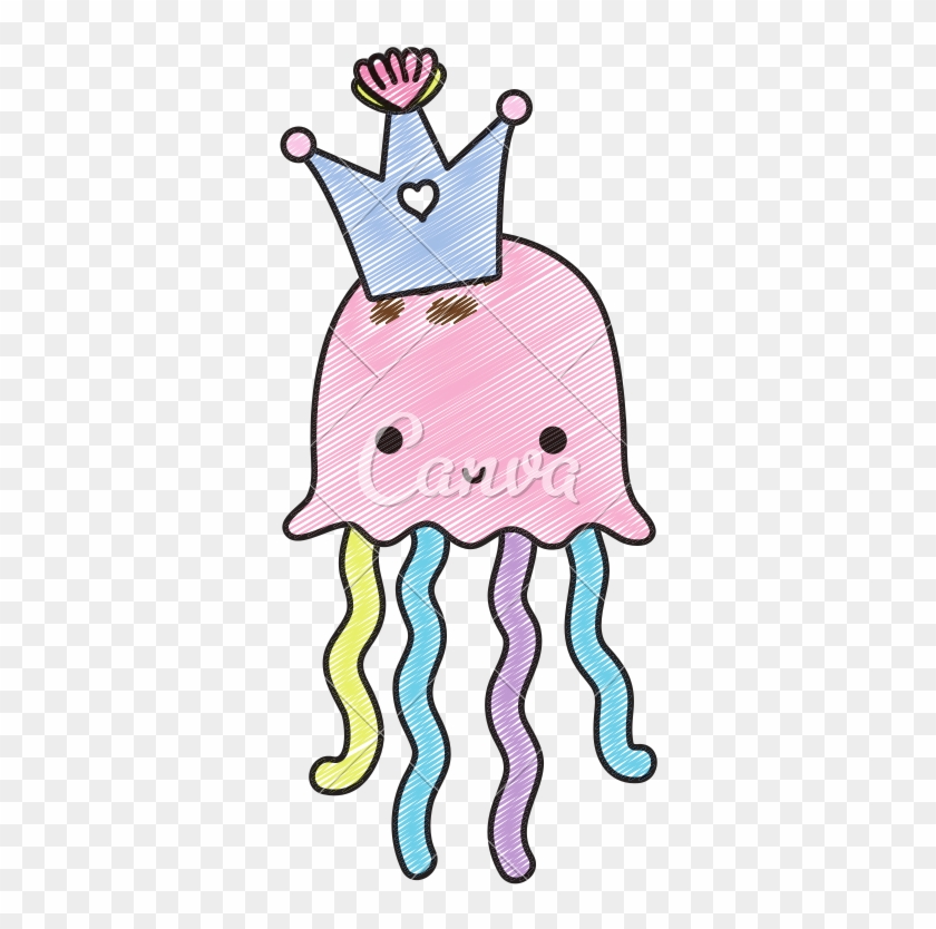Doodle Cute Jellyfish Marine Animal With Crown - Illustration #1637882