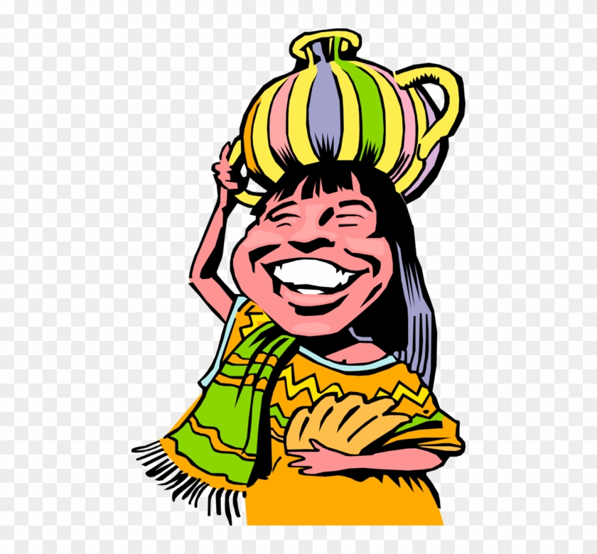 Vector Illustration Of Native South American Girl Carries - Girl Carrying Water On Her Head Cartoon #1641142