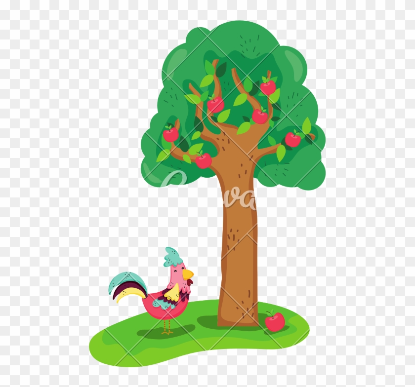 Apple Tree And Rooster Farm Animal - Illustration #1643541