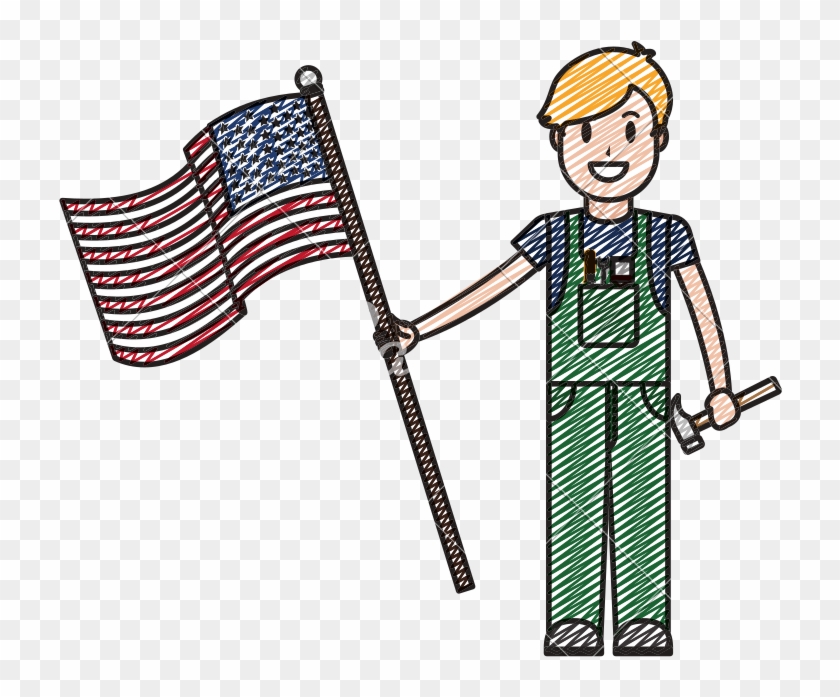 Mechanic With Usa Flag - Cartoon #1644714