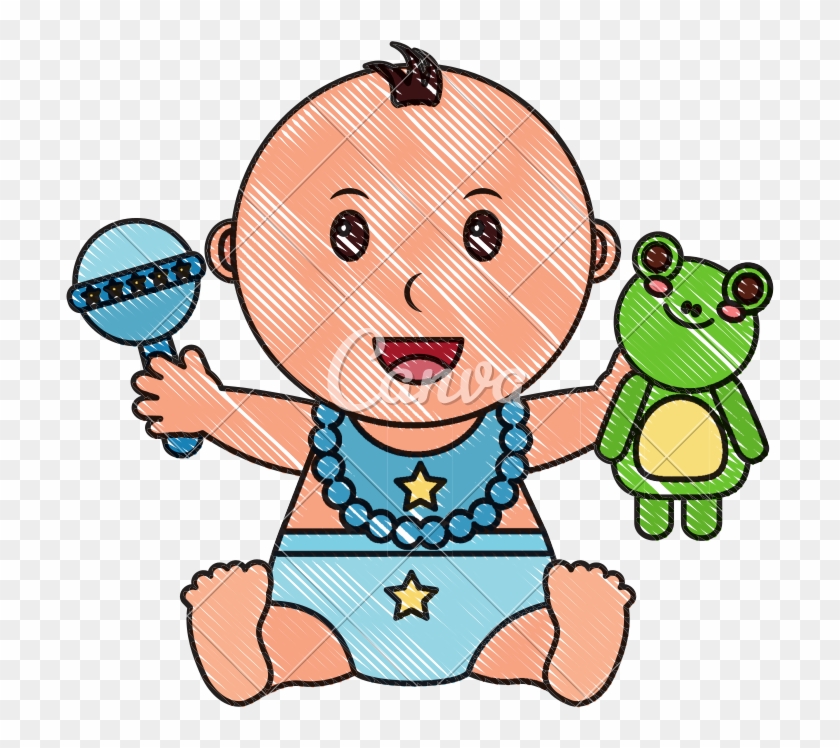Baby Boy With Diaper And Toys - Outline Picture Of A Baby Sitting #1645610