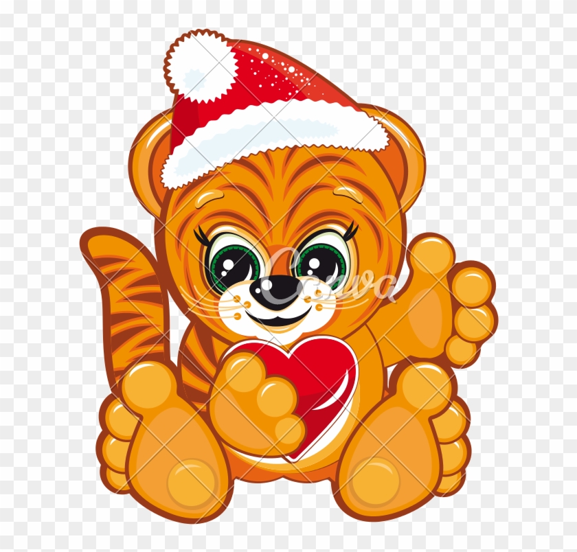 New Year's Tiger In Santa's Hat - Cartoon Tiger In A Santa Hat #1648770
