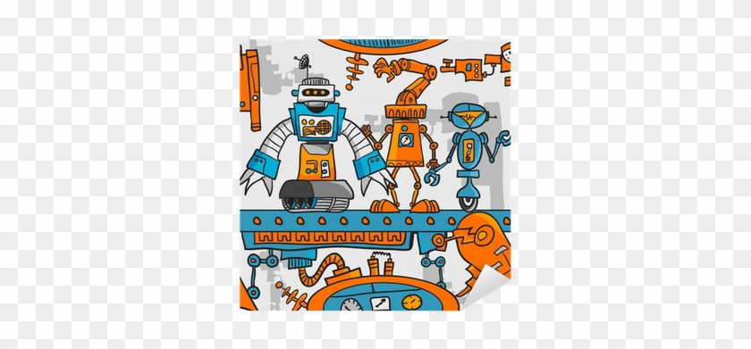 Seamless Pattern Cartoon Robots On The Assembly Line - Montaje Industrial Animados #1650338