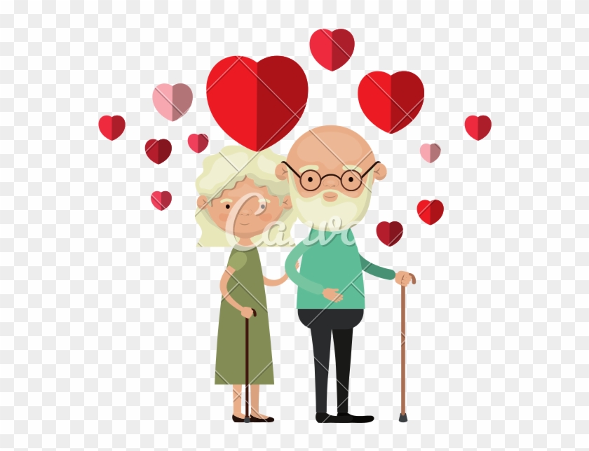 Elderly Couple With Floating Hearts Vector Icon Illustration - Clipart Couple Walking With Stick Vector #1661931
