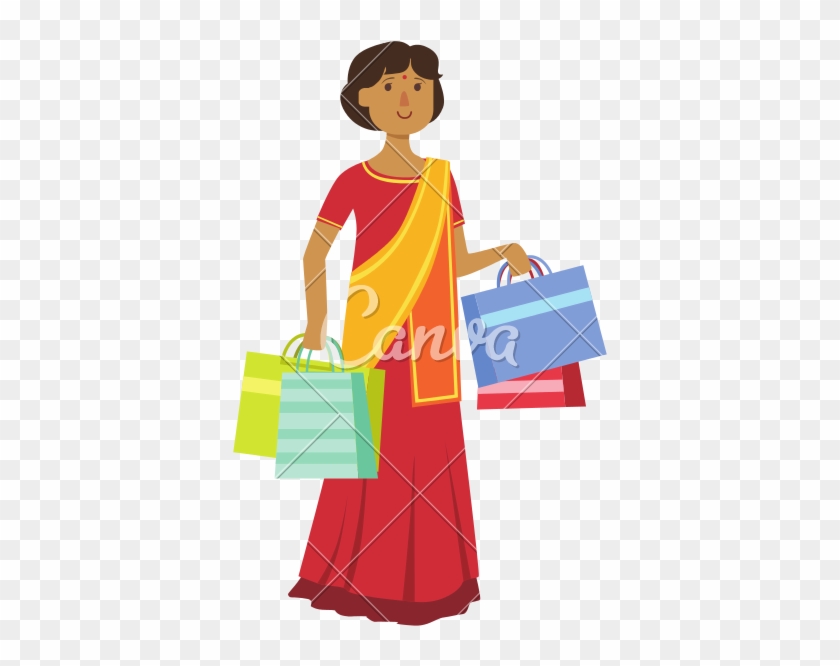 Woman In Indian Sari - Indian Woman Shopping Vector #1667149