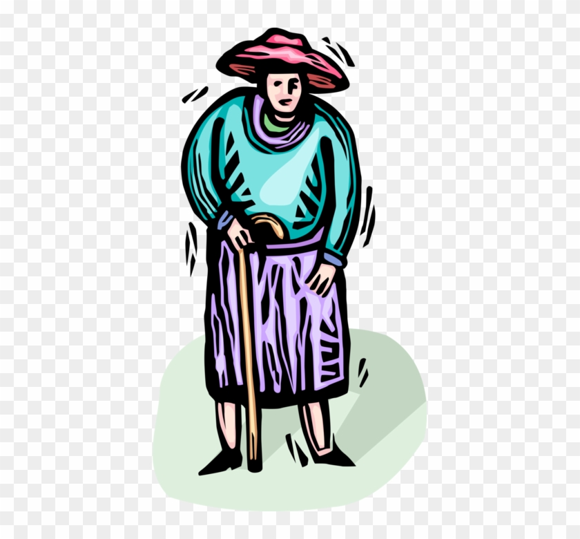 Vector Illustration Of Old Woman With Walking Cane - Vector Illustration Of Old Woman With Walking Cane #1668221