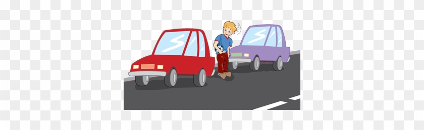 Cartoon Of Boy Crossing Road From Between Two Parked - City Car #1669570