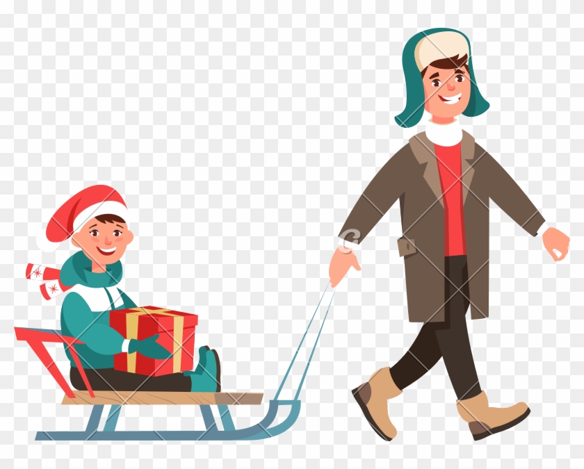 Happy Adult Man In Winter Clothes And Sled - Cartoon #1670378