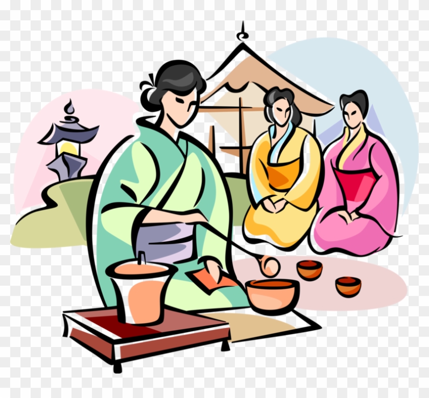 Vector Illustration Of Japanese Girl Serves Tea Ceremony - Japanese Tea Ceremony Cartoon #1673626