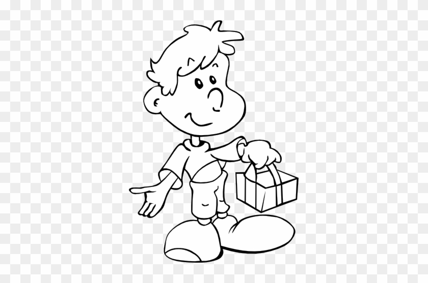 Boy With Gift Black White Line Art 48 - Cartoon #258133