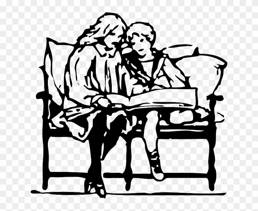Two, People, Kid, Silhouette, Faces, Kids - Mother And Son Reading Drawing #258222