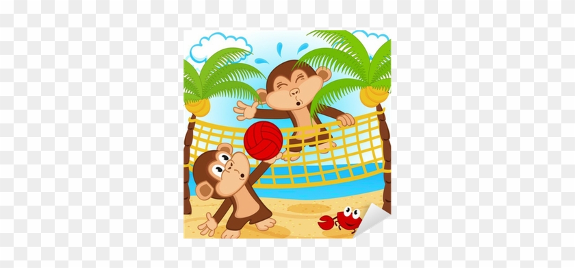 Monkeys Playing In Beach Volleyball - Beach Volleyball Cartoon Vector #1698793