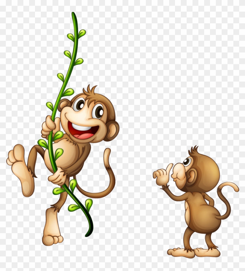 Clip Art Brown Holding Green Branches - Cartoon Monkey Swinging On A Vine #1699136