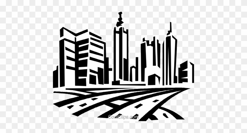 Roadways And City Skyline Royalty Free Vector Clip - Buildings Clip Art #1702949
