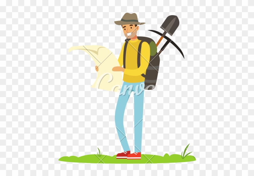 Treasure Seeker With Map And Tools For Digging, Looking - Illustration #1712702