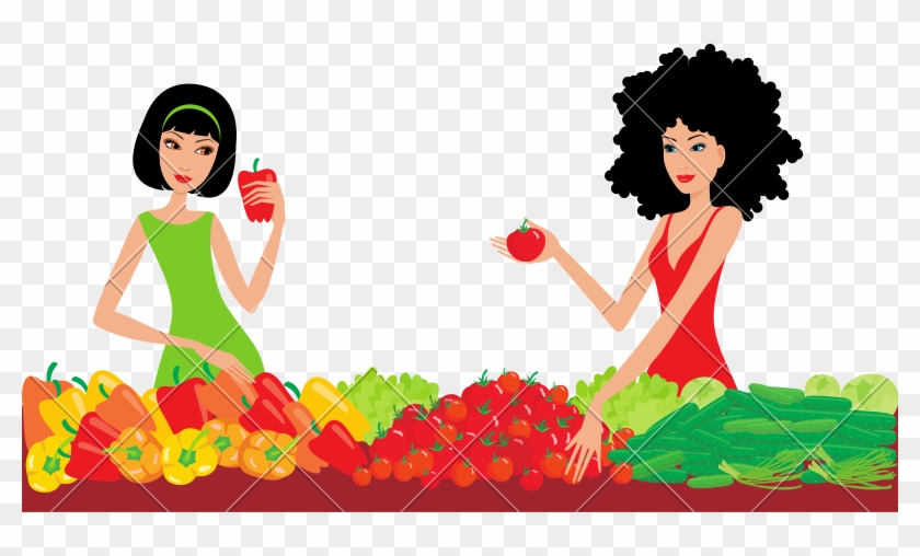 Two Women Buy Vegetables - Lady Buying Vegetables Vector #1712757