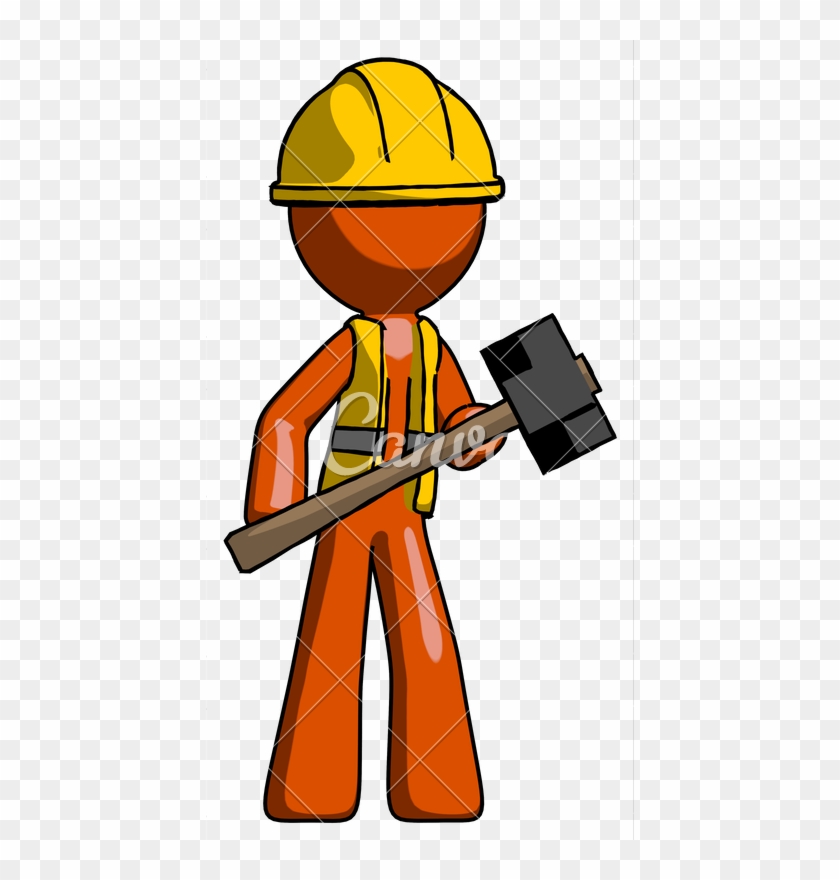 Orange Construction Worker Contractor Man With Sledgehammer - Martello Gigante #1715125