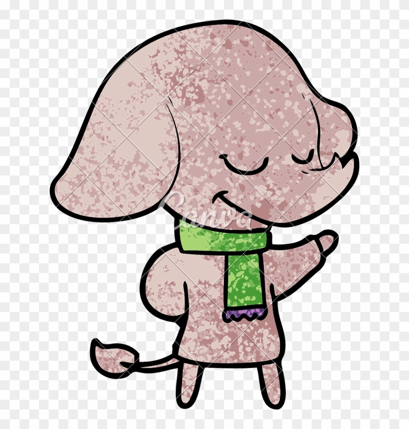 Cartoon Smiling Elephant Wearing Scarf - Cartoon Smiling Elephant Wearing Scarf #1717697
