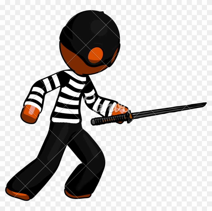 Orange Thief Man Stabbing With Ninja Sword Katana - Cartoon #1721052