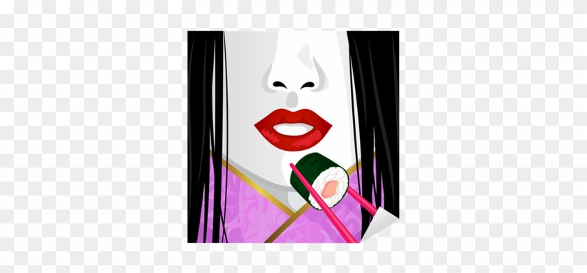 Close Up On Face Of Japanese Woman Eating Sushi Sticker - Illustration #1723650