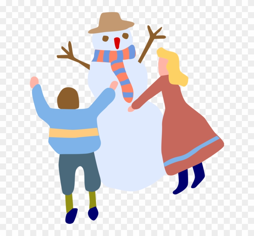 Vector Illustration Of Children Building Snowman Anthropomorphic - Illustration #1724427