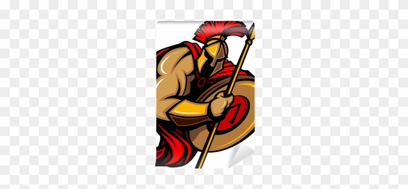 Spartan Trojan Mascot Cartoon With Spear And Shield - Spartan Clipart #1724972