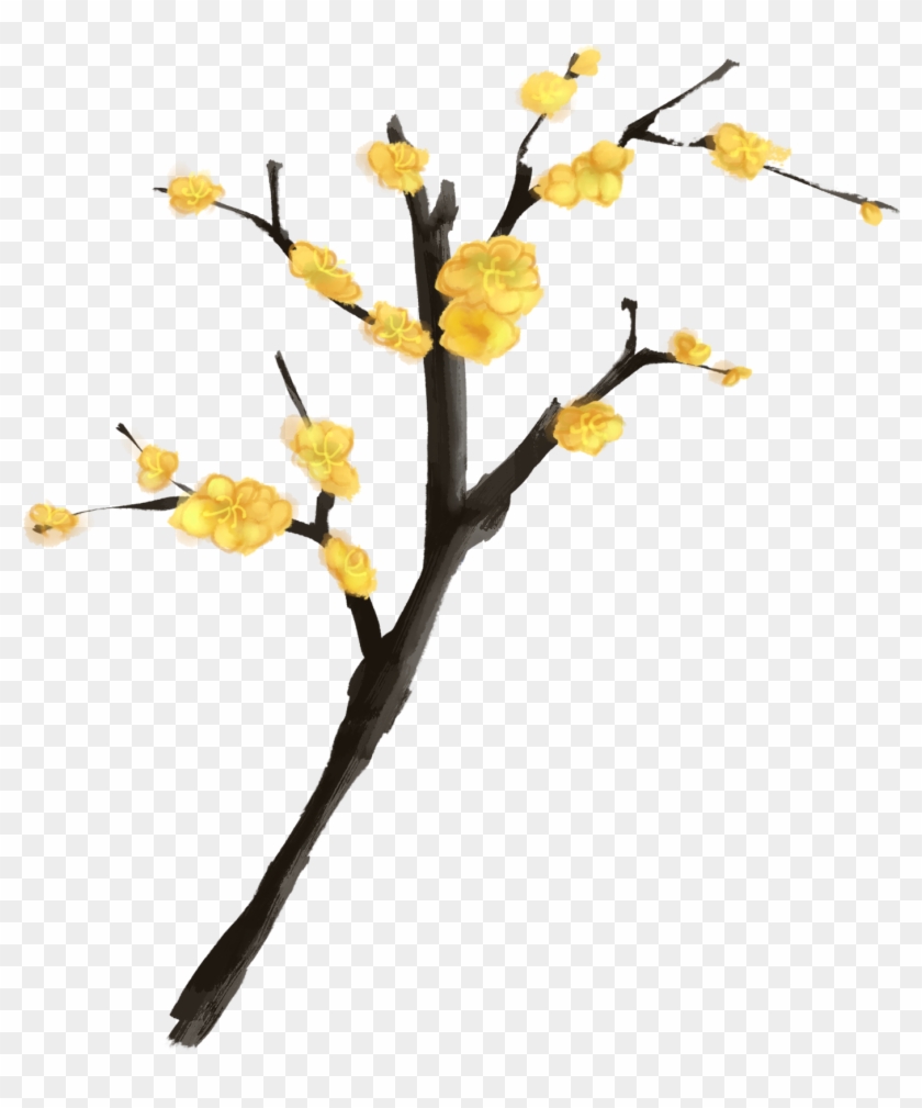 Ink Plum Winter Moon Hand Painted Yellow Branches Png - Twig #1732381