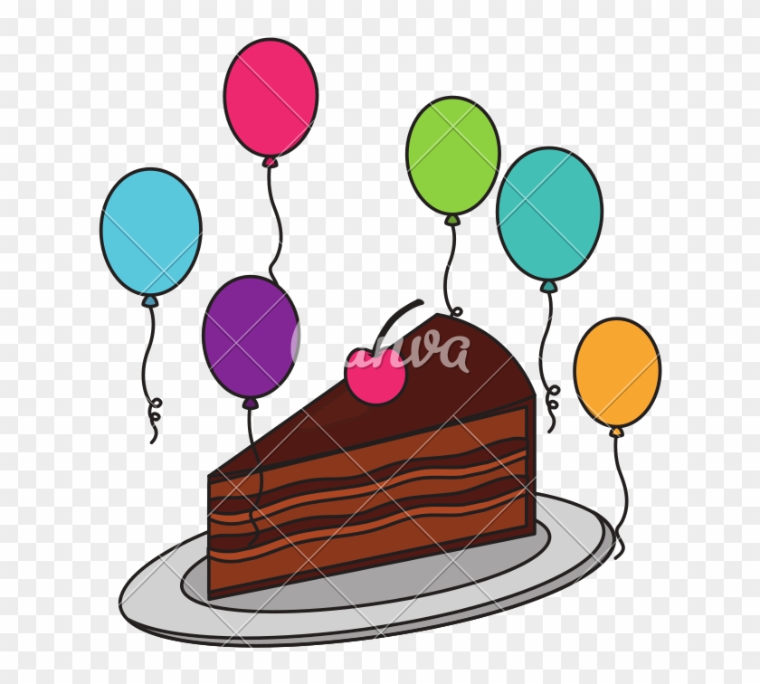 Sweet Cake Slice With Cherry Fruit And Balloons Helium - Chocolate Cake #1749086