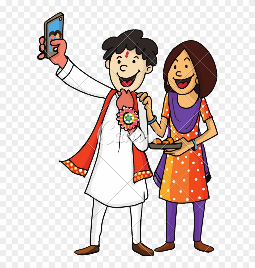 Brother And Sister Taking Selfie - Cartoon Drawing On Raksha Bandhan #1752744