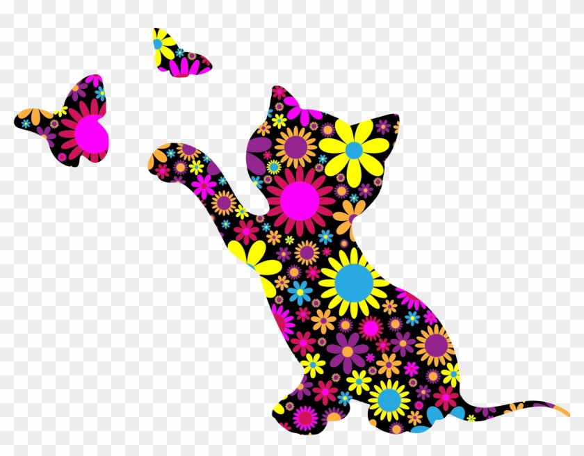 Floral Kitten Playing With Butterflies Silhouette - Clipart Flowers And Butterflies #265319