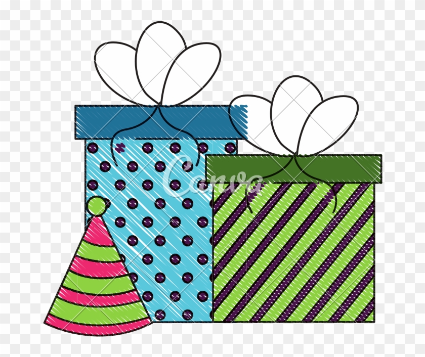 Birthday Gift Boxes And Party Hat Drawing - Birthday Gift Boxes And Party Hat Drawing #1760160