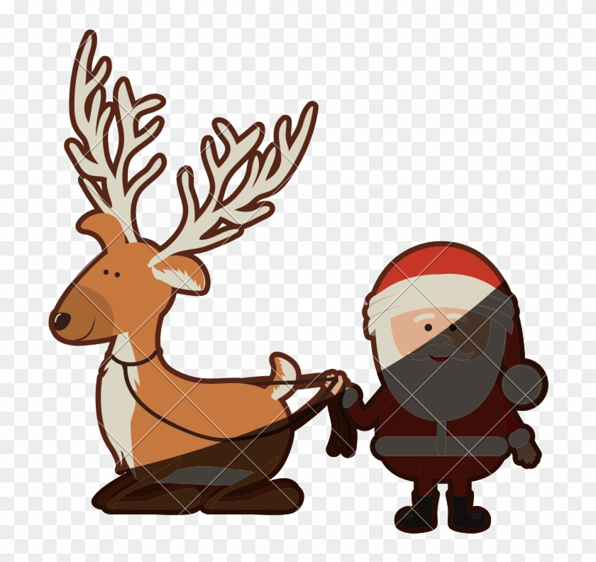 Reindeer Holding By Rope To Santa Claus - Cartoon #1762422