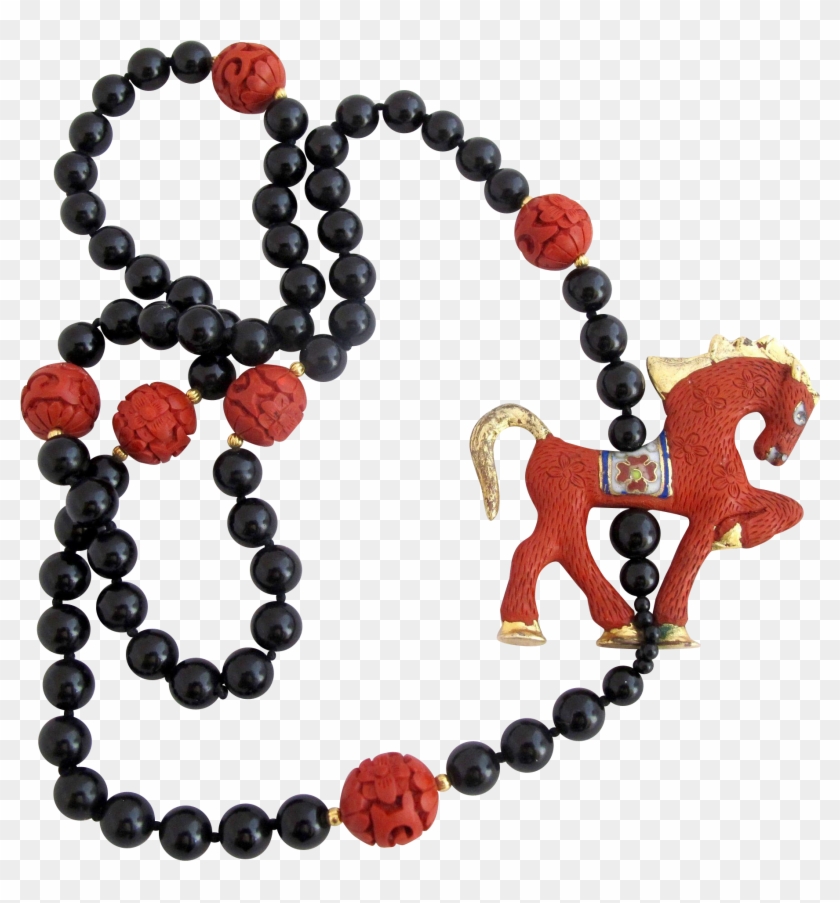 Vintage Chinese Cinnabar Horse And Black Bead Necklace - Bead #1763359