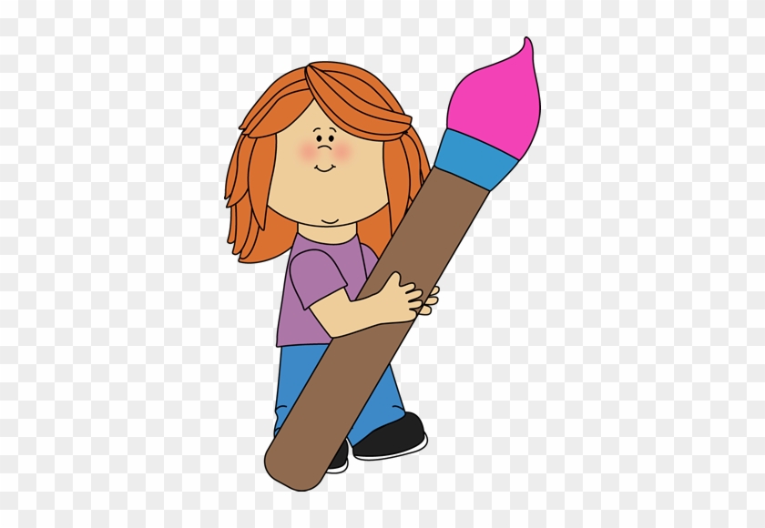 Girl Holding A Giant Paint Brush - French School Clipart #47272