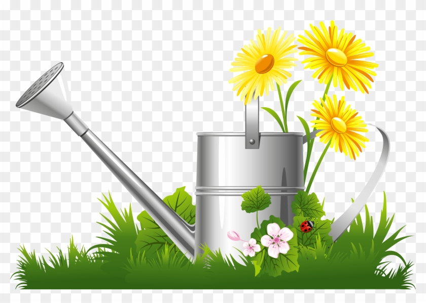 Spring Decoration With Water Can Grass And Flowers - Spring Flower Clipart Png #51483