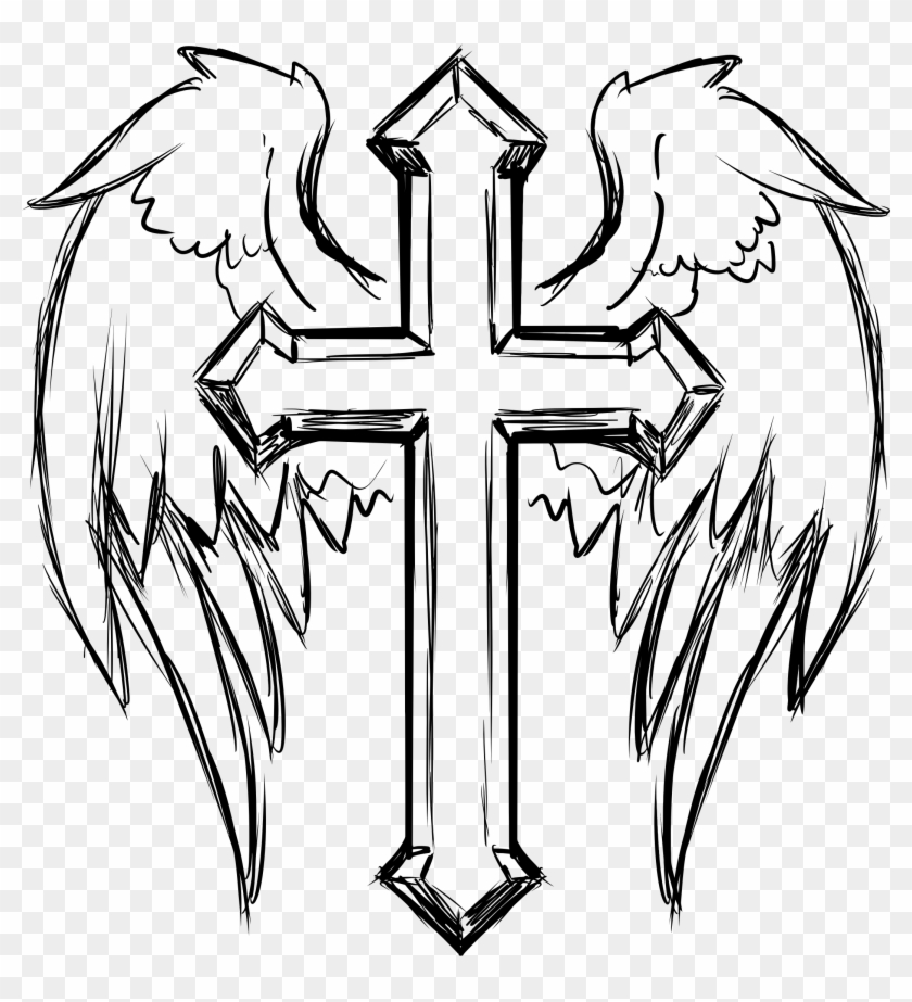 Cross With Wings Line Art - Cross With Angel Wings #52303