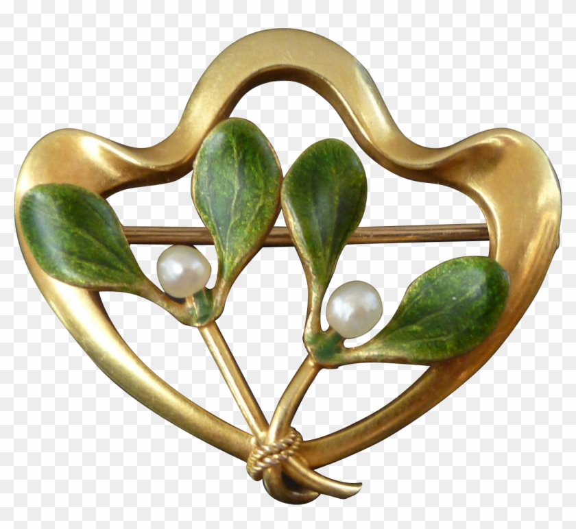 Antique Krementz 14k Gold, Enamel, & Pearl Mistletoe - Heart #272152
