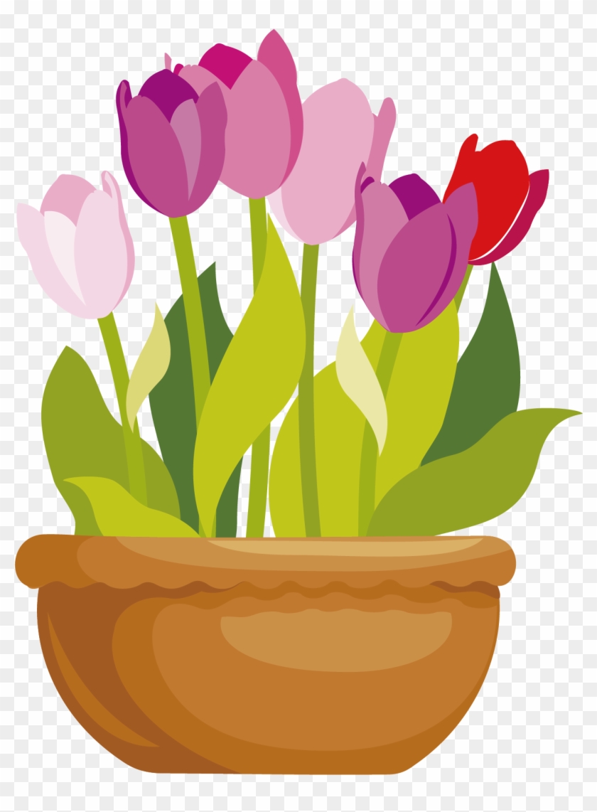 Flowerpot Drawing Clip Art Vector Cartoon Flat Tulip - Flower Pot Vector Png #278283