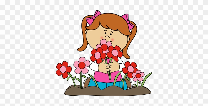 Girl Picking Valentine's Day Flowers Clip Art - Girl With Flowers Clipart #283473