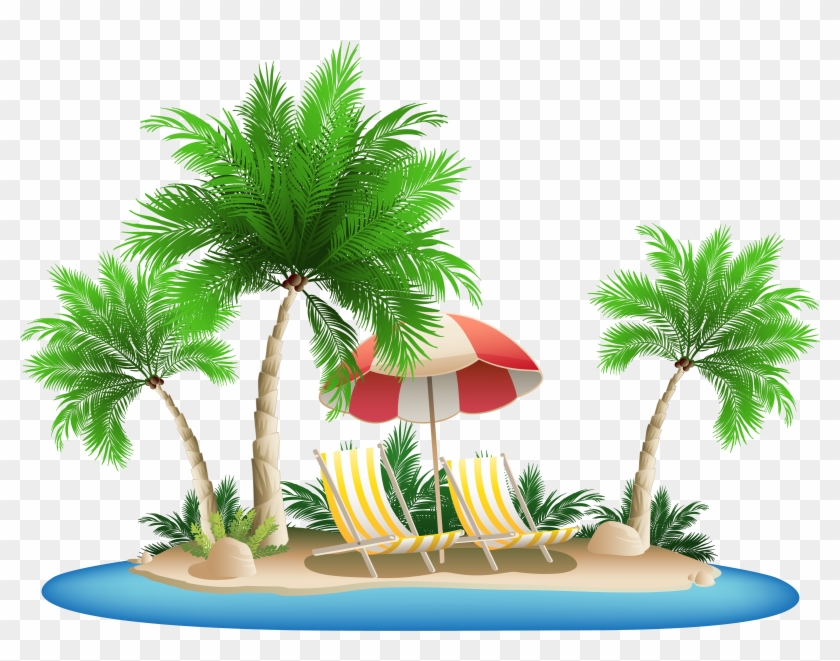 Beach Umbrella With Chairs And Palm Island Png Clipart - Palm Tree Beach Clipart #284377