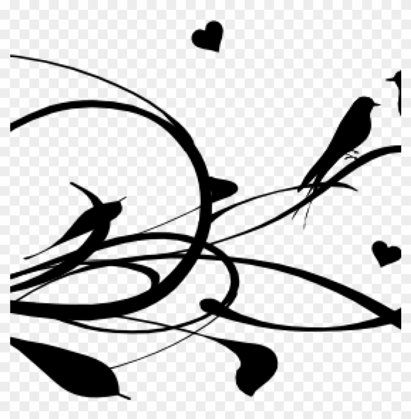 Love Birds Clipart Love Birds On A Branch Clip Art - Flowers And Birds Heart Wall Art Sticker Decal, Black, #284705
