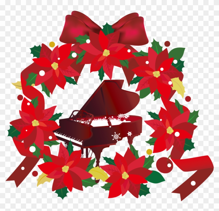 ポインセチアの花とクリスマスのピアノイラスト Poinsettia Free