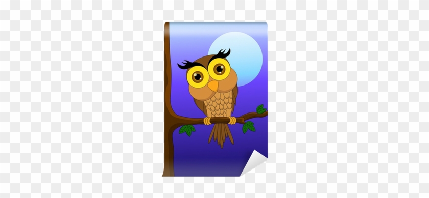 Cartoon Owl Sitting On Tree Branch With Moon Wall Mural - Branch #288677