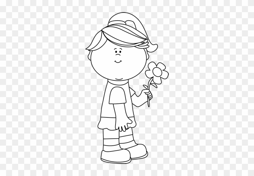 Black And White Girl With A Flower - Girl Wearing Skirt Clipart Black And White #292173