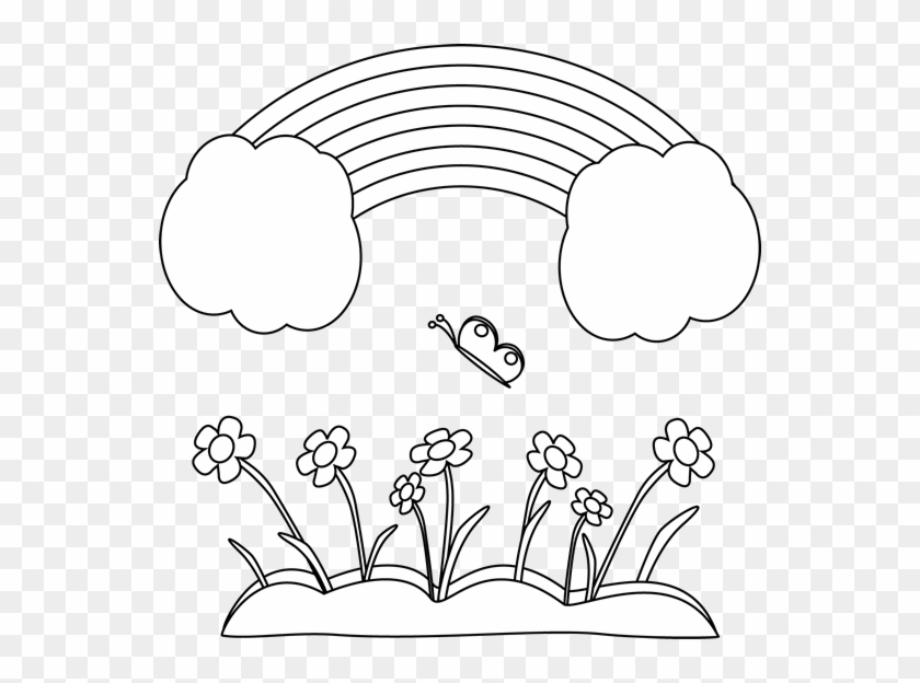 Black And White Happy Rainbow Scene - Black And White Rainbow And Flowers Clipart #298099