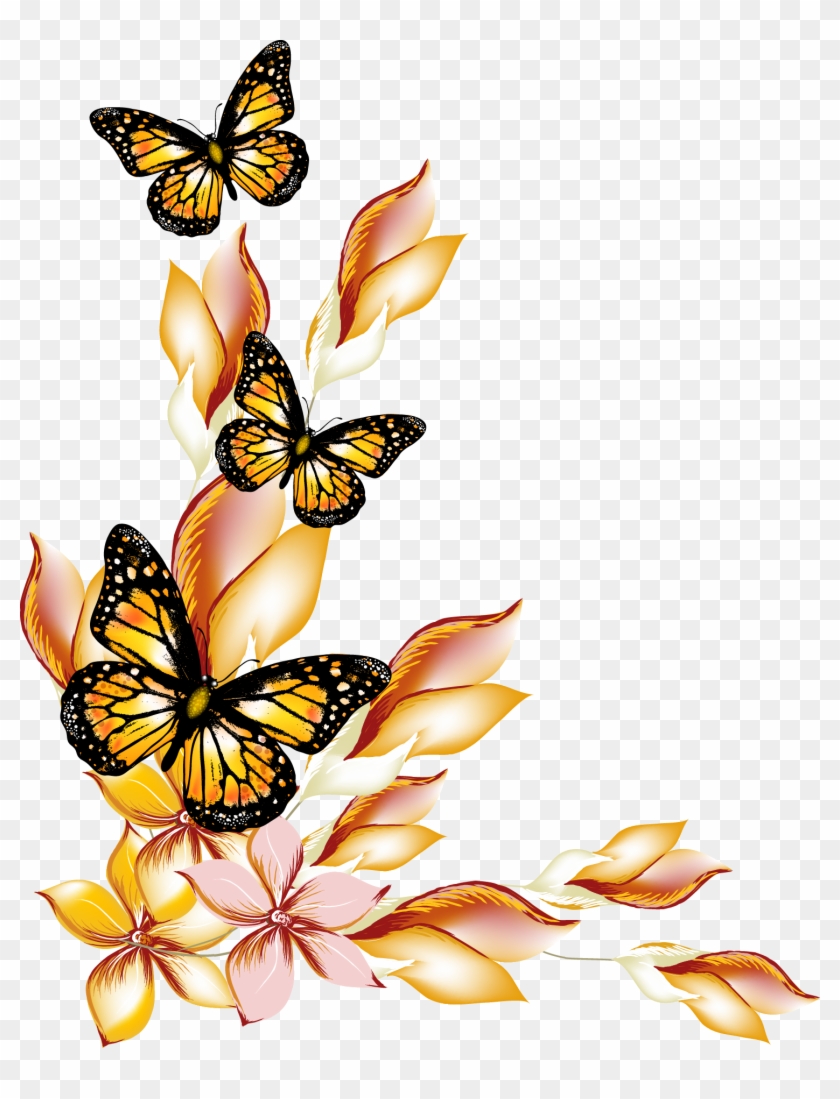 Flowers And Butterflies Borders Vector - Border Design Flowers And Butterfly #300111