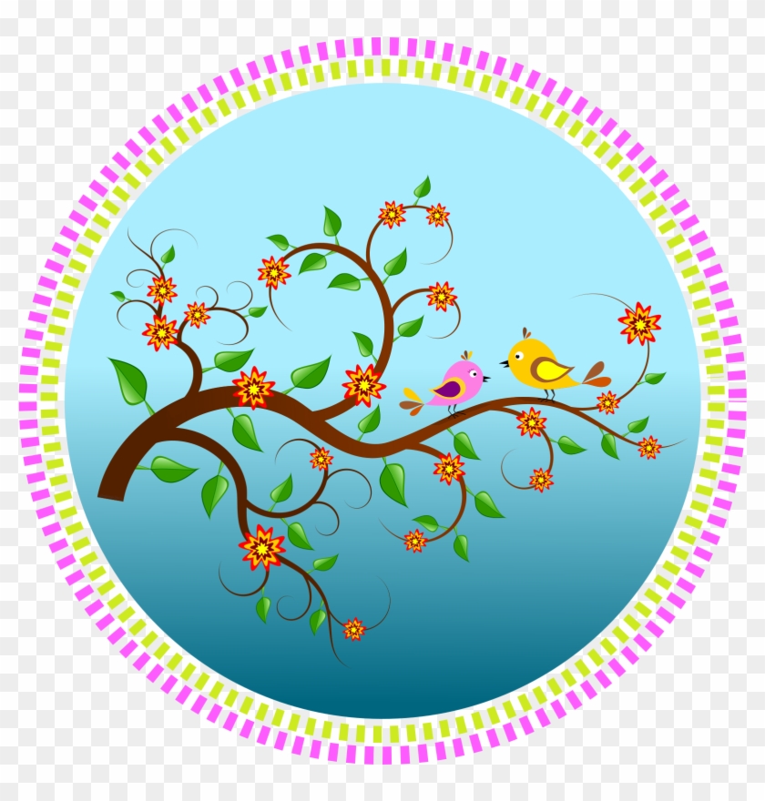 Clip Art Of Birds And Flowers Clipart On A Branch With - Birds On Branches Clipart #300662
