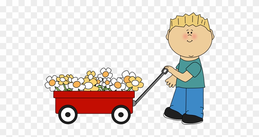 Boy With Flower Filled Wagon - Boy With Flowers Clipart #304053