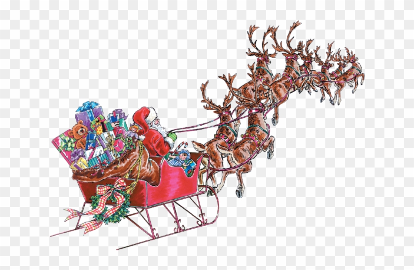 Santa And His Sleigh Png For Kids - Santa Flying Reindeer Png #308914