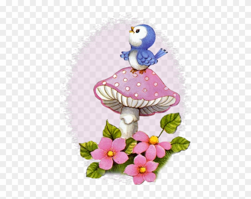 Cute Mauve & Purple Mushroom Robin Flowers Bird Illustration - Awesome Glitter Graphics #310975